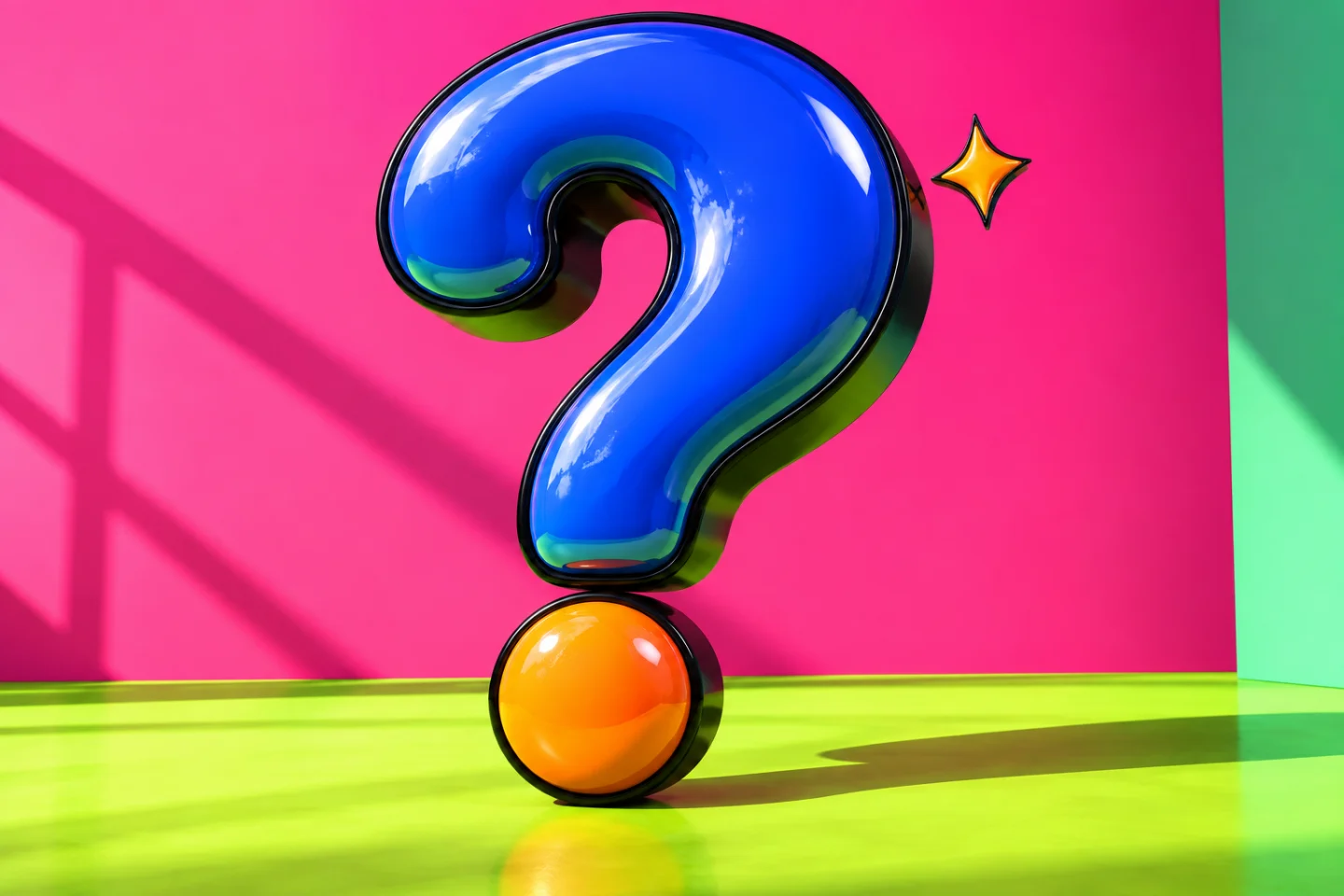 A glossy cobalt question mark with an orange dot on a pink and lime studio stage