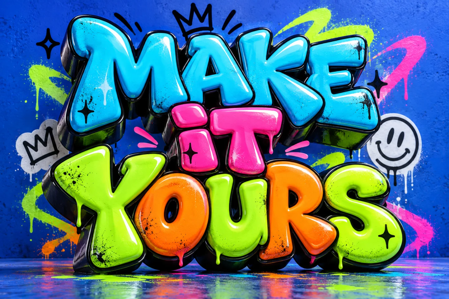 MAKE IT YOURS in dimensional cyan, pink, lime and orange graffiti lettering on cobalt blue